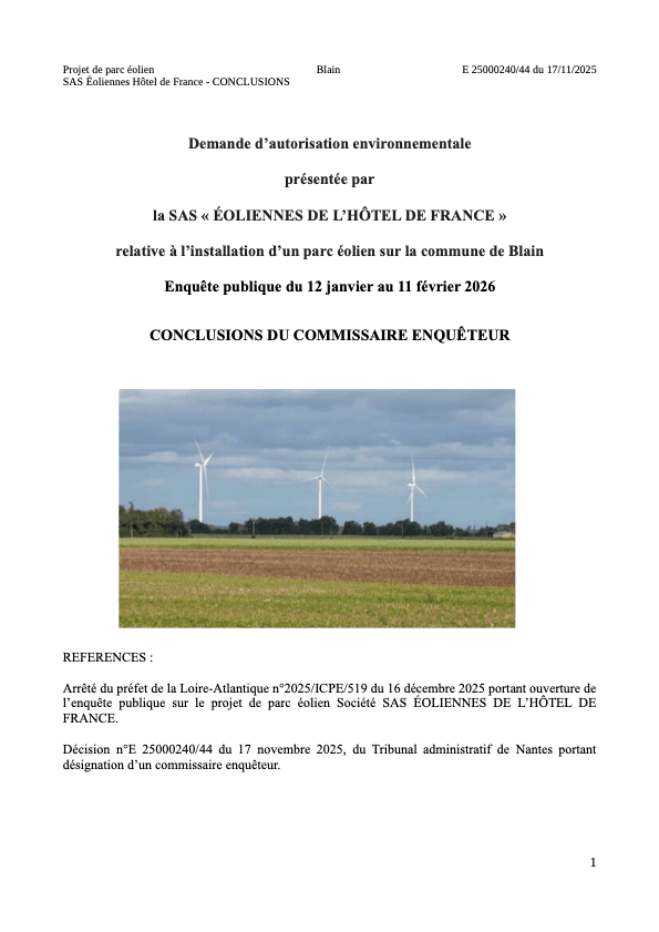 Page de garde des conclusions du Commissaire Enqu&ecirc;teur