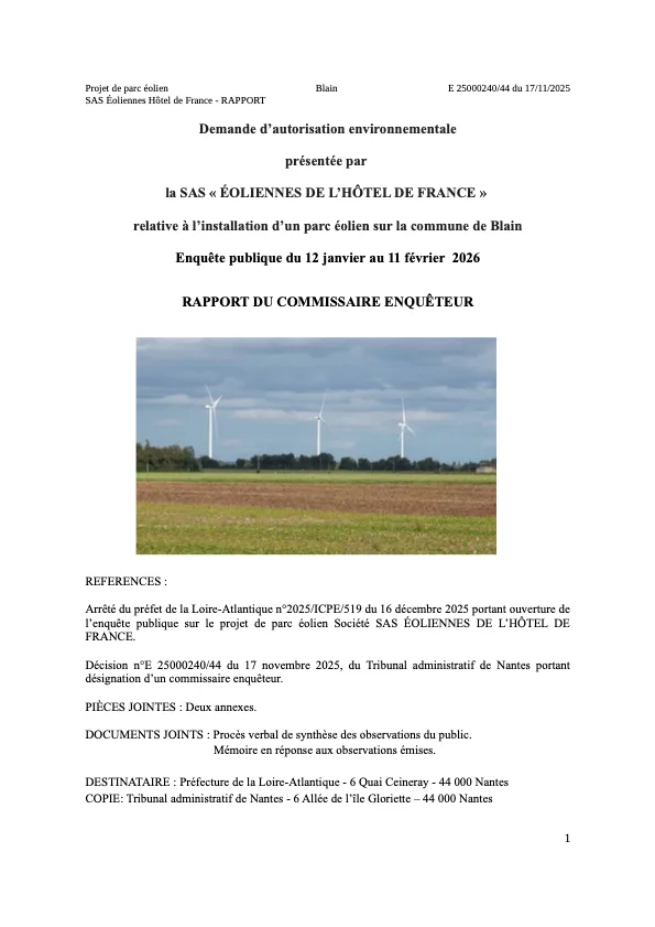 Page de garde du Rapport du Commissaire Enqu&ecirc;teur